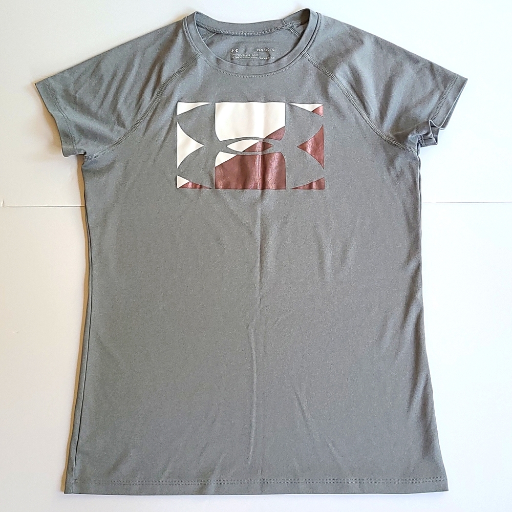 Under Armour Youth Large Gray white pink logo short sleeve crewneck tee shirt